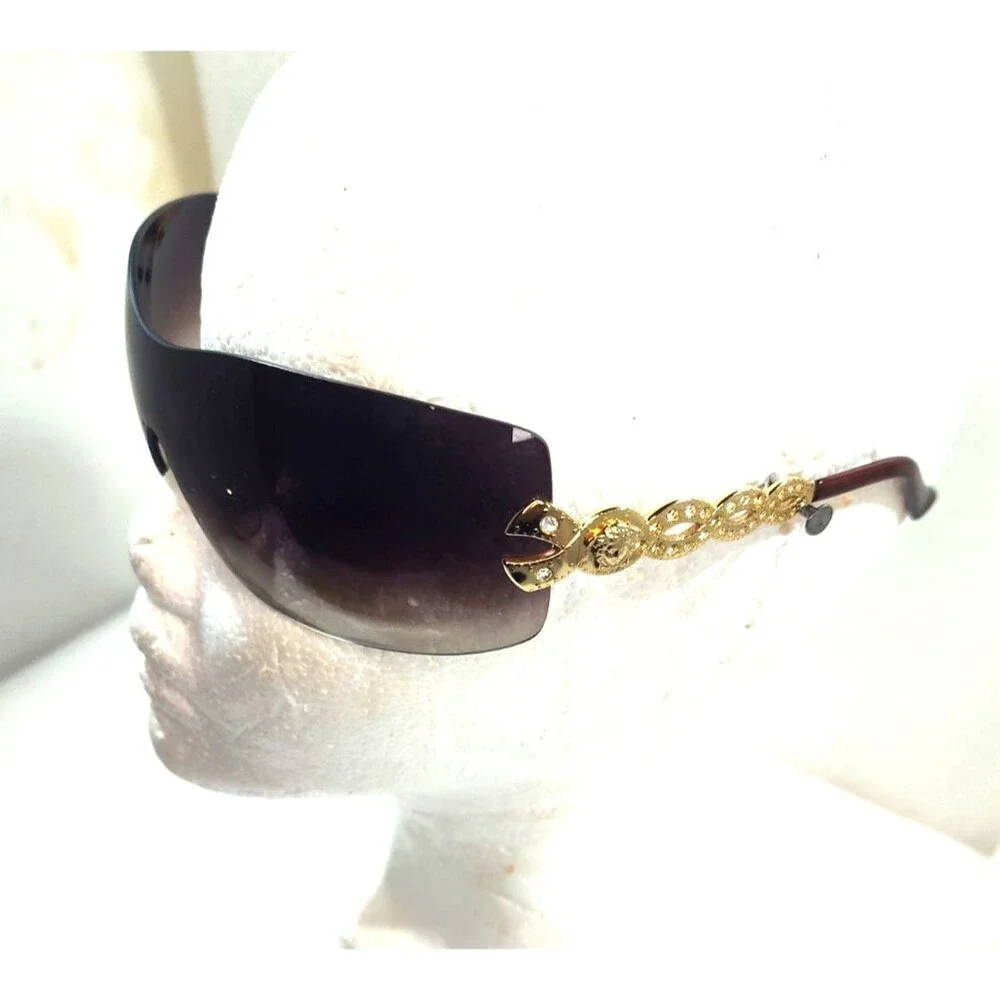 Vintage Y2K Versace 2043-B  Brown Rhinestone Rimless Shield Sunglasses Scratched
